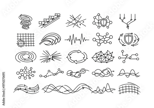 Line vector icons of self-modifying malware and evolving defenses: mutating payload spirals, adaptive scanning rails,