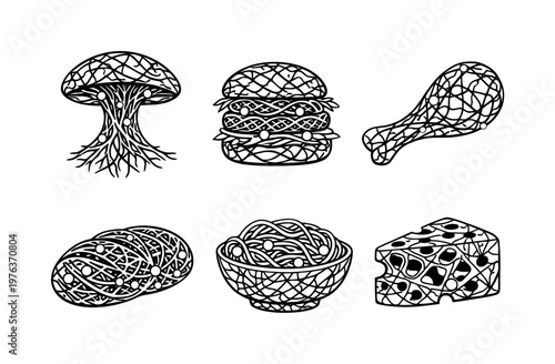 Line vector icons of mushroom mycelium forming edible structures (myco-crafted food): filament lines, node cluster, organic weave