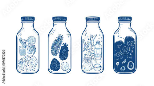 Four stylized bottles filled with different ingredients, arranged in a row, featuring blue line art