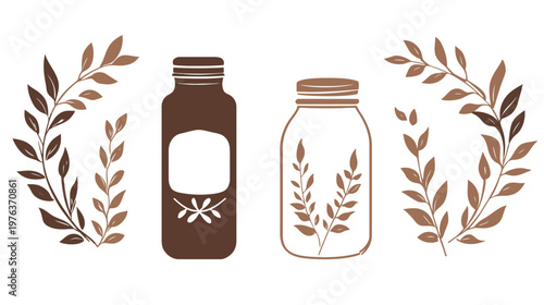 Illustration featuring two glass jars, one filled, flanked by leafy wreaths in brown hues