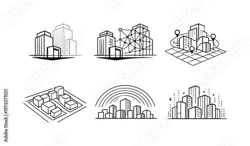 Digital Twin City. Line vector icons of a city where every building has its digital twin (urban twin mapping): building contour,