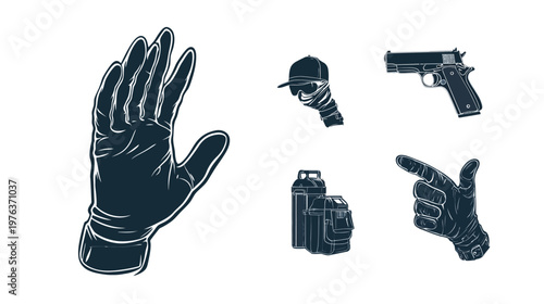 Stylized dark blue and white vector elements including hands, a gun, cap, and canisters
