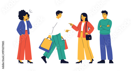 Diverse people, colorful illustration, flat design characters, walking group, casual fashion