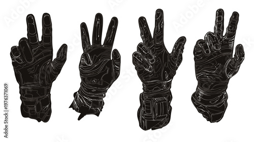 Black illustrations of gloved hands displaying the numbers two, three, and various peace signs