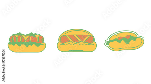 Three stylized hot dogs with various toppings and fillings on a white background