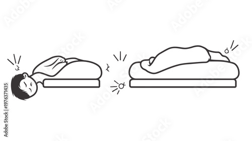 Illustration showing a person falling asleep and then sleeping in their bed. Simple black line drawing