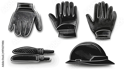 Illustration of work tools gloves, screwdrivers, and a hard hat with a white background