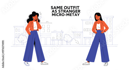 Fashion illustration, women in same outfit, micro metaverse concept, urban style, vector graphics