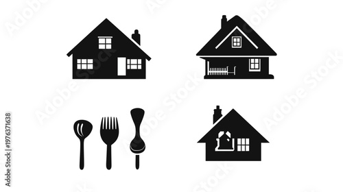 Collection of stylized monochrome house illustrations and cutlery on a white background