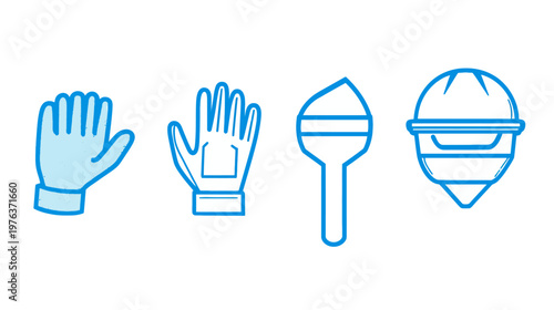 Blue line art icons of work tools including gloves, paint brush, and a hardhat against a white background