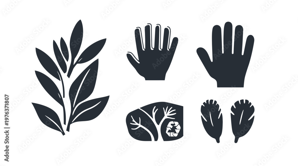 Obraz premium Minimalist set featuring leaves, hands, a tree with recycle symbol and two feathers in dark teal