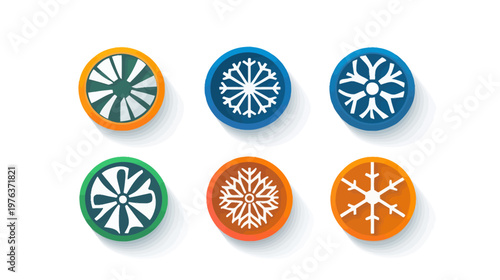 Collection of stylized circular icons, showcasing diverse snowflake and fan designs with vibrant colors