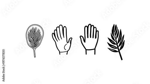 A minimalistic black and white illustration of leaves and hands on a clean, bright background