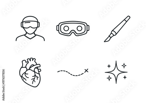 Line vector icons of a student performing a virtual surgical operation (educational surgical sim): trainee contour, VR lens,