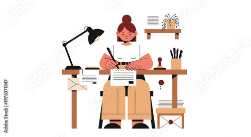 Female artist workspace, illustration of woman at desk, creative workspace vector, artistic studio