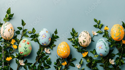 Beautiful hand painted Easter eggs adorned with delicate floral designs led among lush green foliage against a serene pastel blue background creating a festive scene.