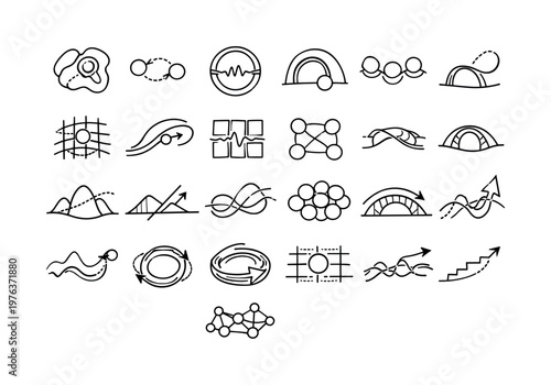 Line style icons of tunneling-assisted catalysis: enzyme active patch, proton hop dot, quantum gap ring, substrate entry arc,