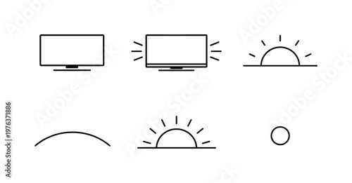 Line vector icons of device backlight synchronized with sunset (dimming cycle): device shape, backlight flank, half-sunk sun,