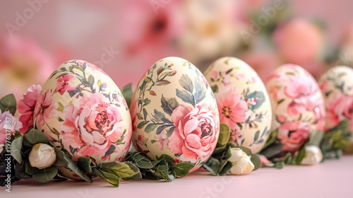 Delicate floral painted Easter eggs are led among soft pink blossoms and greenery, creating a festive and charming sp holiday decoration on pink backdrop.