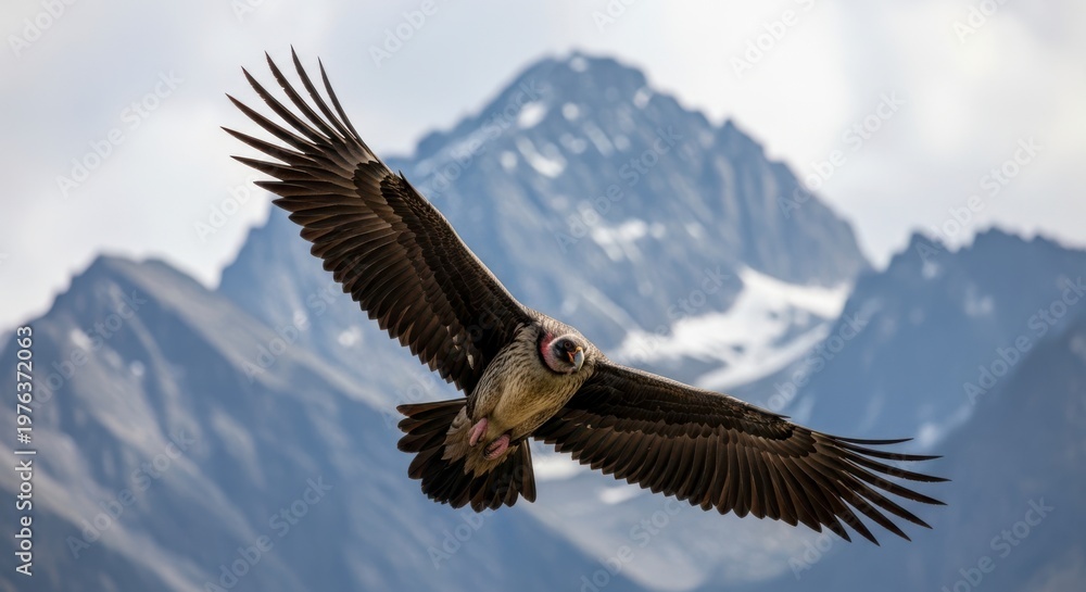 Obraz premium A majestic bird soars through the sky with a stunning mountain range in the background