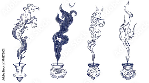 Four stylized illustrations, each depicting a vessel with a plume of smoke or vapor rising upwards