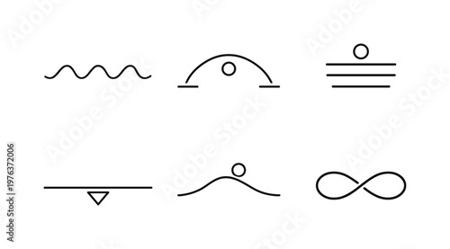 Line style icons of relaxation and grounding cues: slow-wave pattern, balance arc, stillness symbol, grounding line, gentle rise