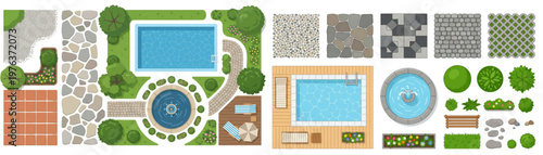 Top Down Landscape Architecture Vector Set: Paving, Fountain, Stones, Tiles and Swimming Pool Elements