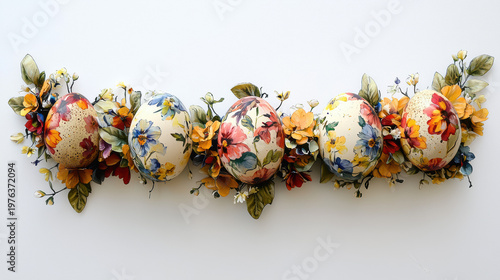 Decorative Easter eggs adorned with colorful floral designs are artfully arranged on a white surface, creating a festive and vibrant holiday display for sptime.