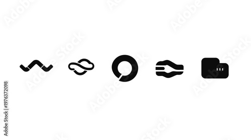 A minimalistic composition with five distinct black graphical icons arranged horizontally on a white background