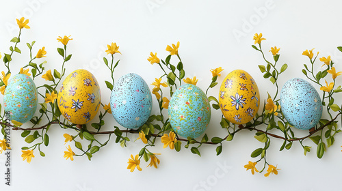 A delicate garland of small yellow flowers winds among colorful speckled Easter eggs arranged on a clean white background creating a festive sp holiday scene.