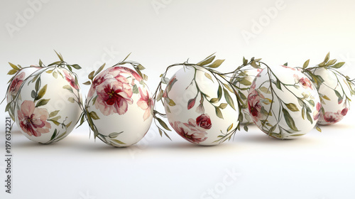Row of decorative Easter eggs adorned with delicate floral patterns and intertwined with subtle green branches, creating a whical sp arrangement isolated.