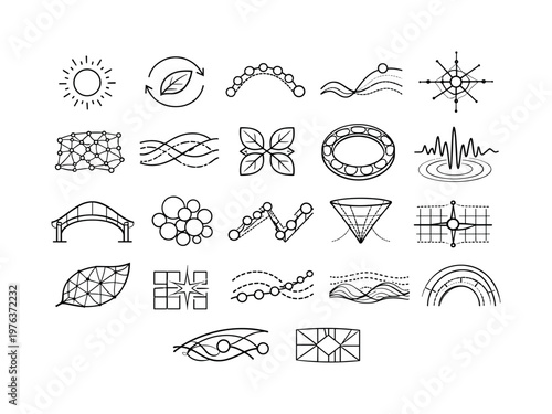 Line style icons of coherent-light plant energy: photon intake dot, leaf resonance loop, pigment chain arc, exciton drift band,