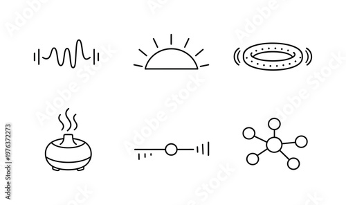 Line style icons of sensory modulation tools: sound modulation wave, light intensity arc, tactile feedback ring, aroma diffusion