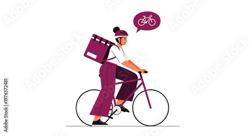Delivery cyclist, food delivery rider, purple bike, messenger bag, modern illustration