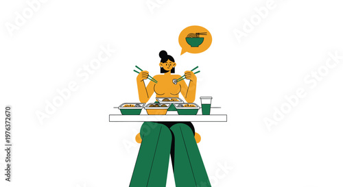Flat design foodie illustration, person eating Asian cuisine, green pants, utensils, meal