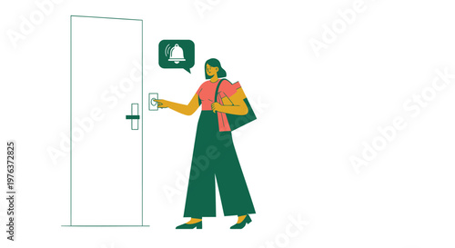 Vector woman entering office, businessperson opening door, entering workspace, corporate illustration