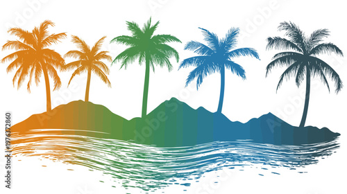 Colorful depiction of palm trees silhouetted against a white background, suggesting a tropical scene