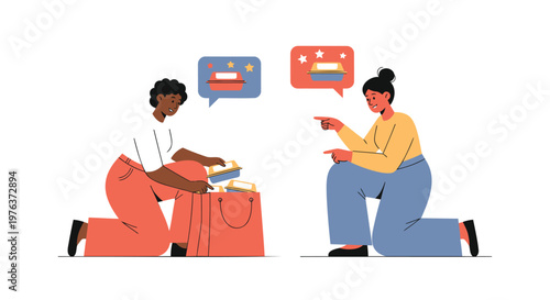 Vector illustration of two women chatting, conversation icons, speech bubbles, colorful flat design