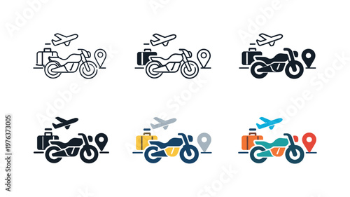 Motorbike travel icon showing a stylized motorcycle, suitcase, airplane, and location pin representing adventure trips, road