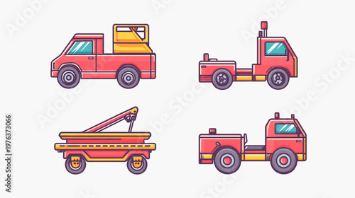 Four cartoon vehicles, a pickup truck, a tow truck and two flatbeds, in a vector illustration