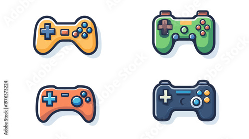Four colorful, stylized game controllers with different button layouts. Flat design, white background
