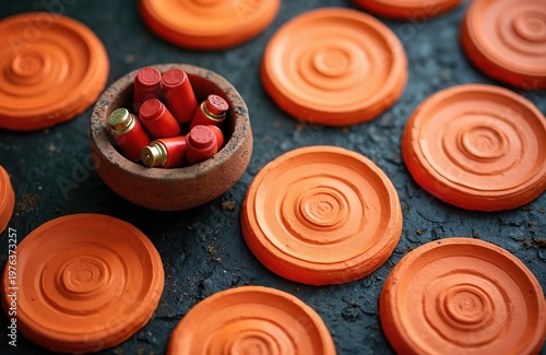 Clay targets and shotgun shells in clay bowl on dark surface. Ready for skeet shooting sport activity. Aiming practice for competitive sports.