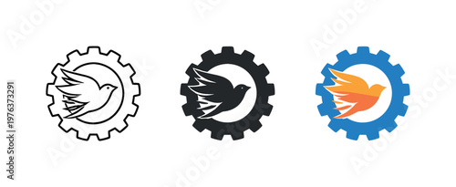 Freedom metaphor conveyed by a circular sprocket gear suggesting motion and independence, same silhouette echoed three times
