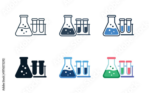 Laboratory Equipment Icons. Research testing symbol portraying laboratory equipment including a flask and test tubes to express