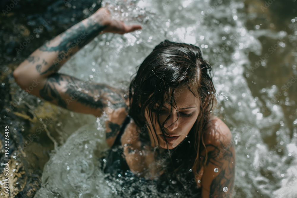 Fototapeta premium Woman with tattoos immersed in water, splashing water with her hand and a serene expression