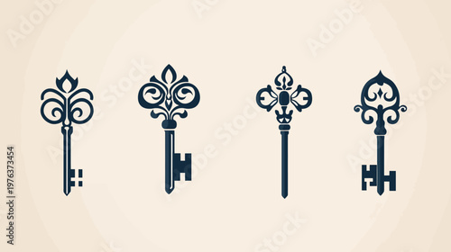 Four ornate vintage keys arranged in a row against a cream background. The keys are a dark navy color