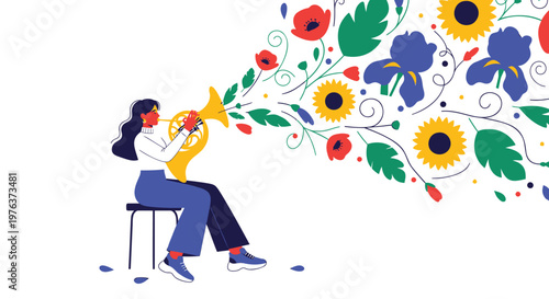 Colorful floral music illustration, vector woman playing trumpet, blooming flowers decorative art