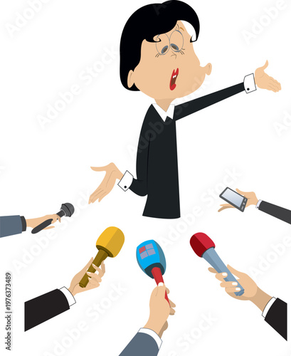 The media. Emotional speech. Hands with microphones