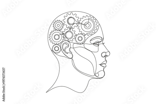 Creative illustration of a human head profile with gears representing thinking and innovation concept