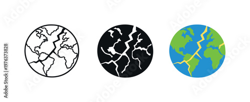 Environmental warning concept illustrated by a cracked globe sphere with visible continents and fracture lines, shown as a single